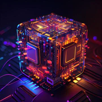 3D render of quantum computer light up with neon vires Stock Illustration