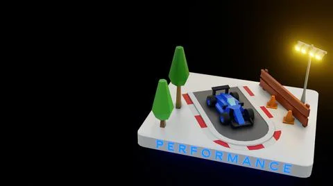 3D render of a race car parked on a small track on a black background Ilustración de archivo