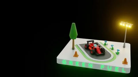 3D render of a race car parked on a small track on a black background Stock Illustration