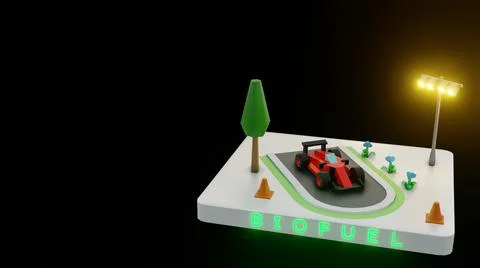 3D render of a race car parked on a small track on a black background Stock Illustration