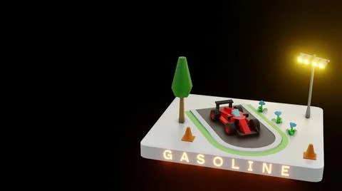 3D render of a race car parked on a small track on a black background Ilustración de archivo