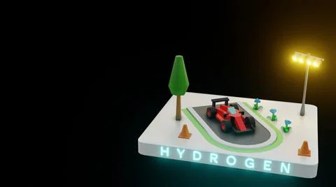 3D render of a race car parked on a small track on a black background Ilustración de archivo