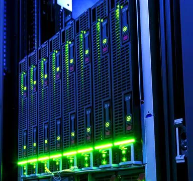 3D render rack with blade behind bars mainframe in the data center Stock Photos