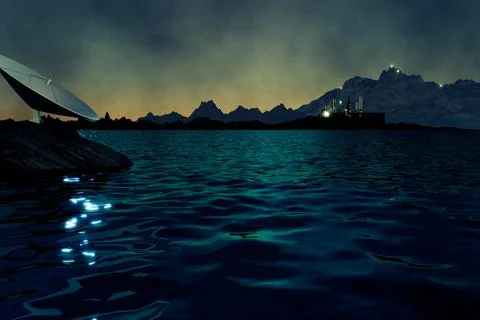 3d render of radar dish and distant scifi city Ilustración de archivo