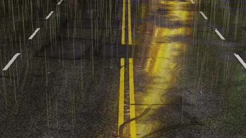 3D render of Rain falling onto a wet road with reflections of light. Illustrazione stock