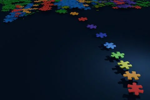 3d render of rainbow colored jigsaw pieces leading to pile Stock Illustration