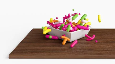 3D render of rainbow sprinkles falling into a white porcelain bowl on a wooden Illustrazione stock