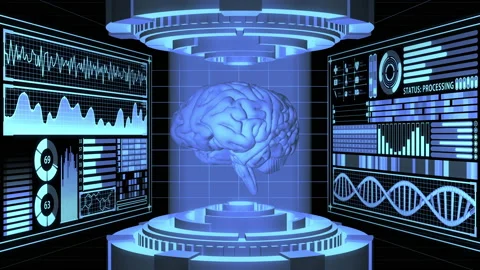 3D Render Realistic Brain in Futuristic Laboratory and HUD screens background Stock Footage 133298219