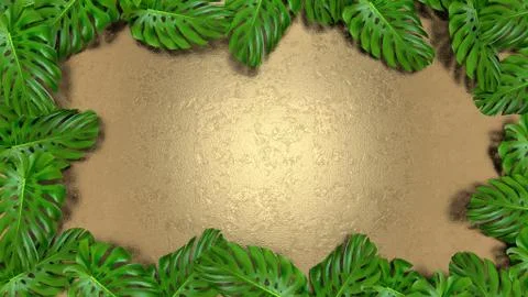 3D render of realistic monstera leaves on gold background for cosmetic ad or Stock Illustration