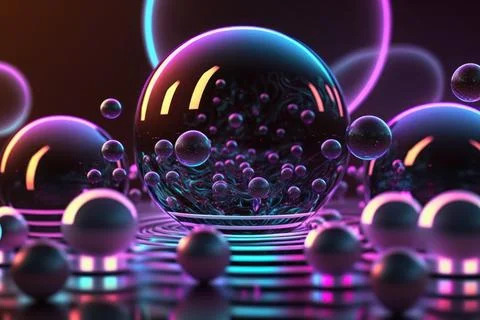 3D render realistic neon lights lines and bubbles  background vector design.. Illustrazione stock