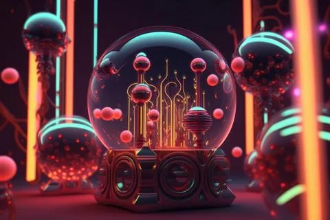 3D render realistic neon lights lines and bubbles  background vector design.. Stock Illustration