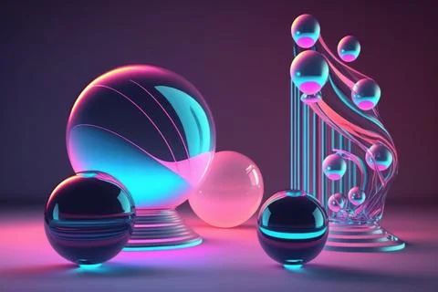 3D render realistic neon lights lines and bubbles  background vector design.. Illustrazione stock