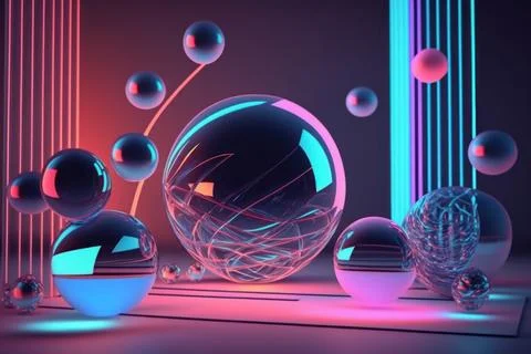 3D render realistic neon lights lines and bubbles  background vector design.. Stock Illustration