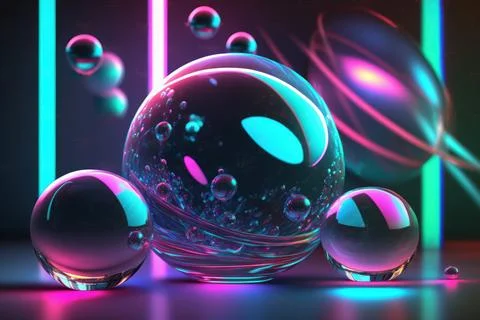 3D render realistic neon lights lines and bubbles  background vector design.. Illustrazione stock