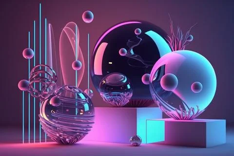 3D render realistic neon lights lines and bubbles  background vector design.. Illustrazione stock