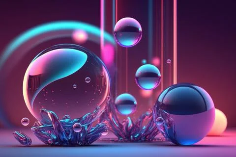 3D render realistic neon lights lines and bubbles  background vector design.. Illustrazione stock
