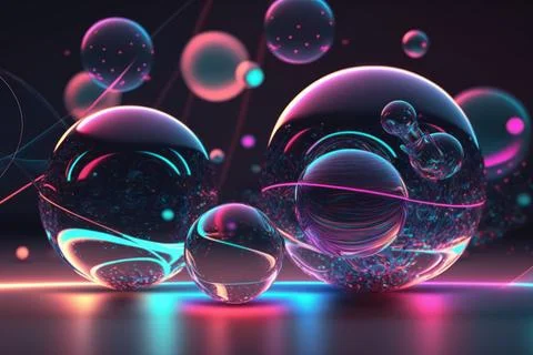 3D render realistic neon lights lines and bubbles  background vector design.. Stock Illustration