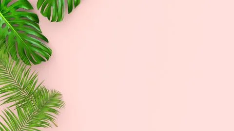 3D render of realistic palm leaves on pink background for cosmetic ad or fashion Illustrazione stock