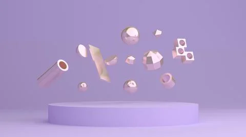 3d render, realistic primitives composition. Flying metallic golden shapes in Stock Illustration