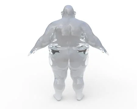 3D render. Rear view of a naked fat man on a white background. Ilustración de archivo