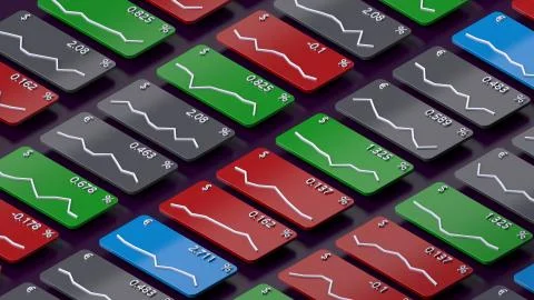 3d render of rectangle cards with stock market share graph. Stockillustratie