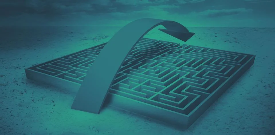 3D-render rectangular maze is sitting on dry earth under teal sky with curved Illustrazione stock