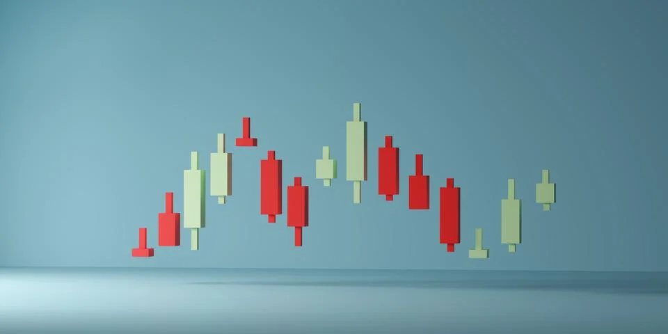 3D render of red and light green candlestick chart on pale blue background .. Stock Illustration