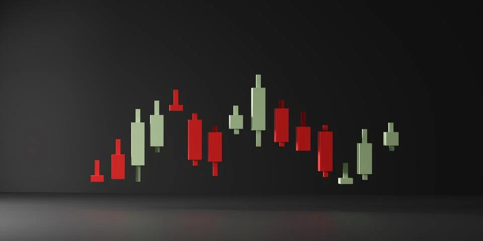 3D render of red and light green candlestick chart on dark grey background .. Stock Illustration