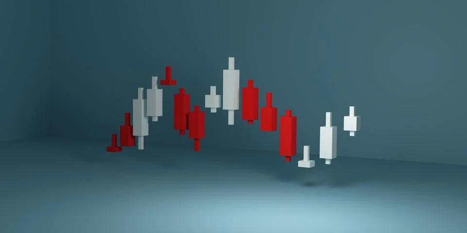 3D render of red and white candlestick chart on blue background showing mar.. Stock Illustration