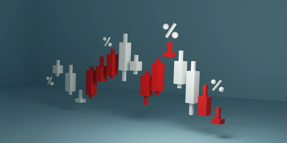3D render of red and white candlestick chart with percentage symbols, symbo.. 스톡 일러스트