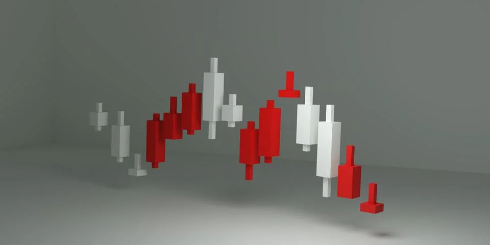 3D render of red and white candlestick chart showing market trends, ideal f.. Stock Photos