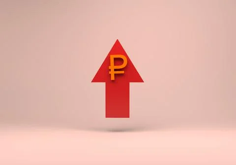 3d render of red up arrow with ruble currency icon on Pink background 스톡 일러스트