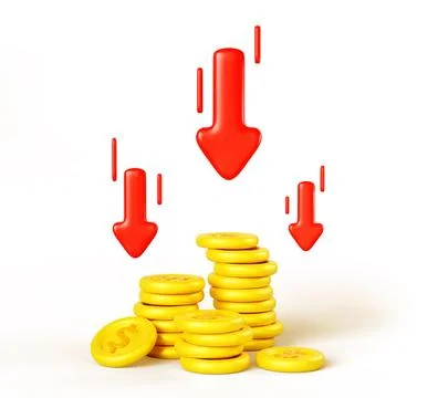 3d render red arrows chart going down and gold dollar coins stack on white Illustrazione stock