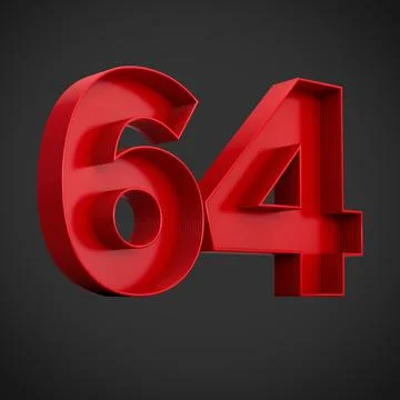 3D render of red block digits of the number 64 on a black background Stock Illustration