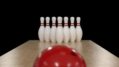 3d render Red bowling ball on a black background with pins Ilustración de archivo