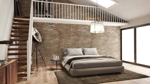 3d Render of red brick wall bedroom Stock Footage 294037736