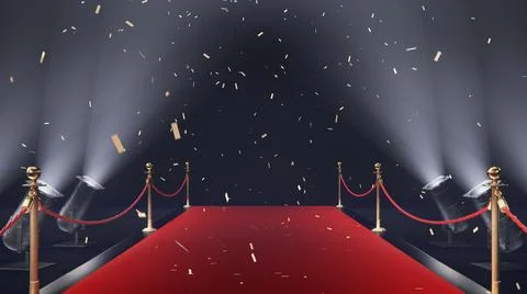 3d render red carpet with confetti and volume light Stock Illustration