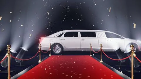 3d render red carpet with limousine and confetti Stock Illustration
