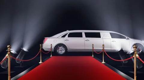 3d render red carpet with a limousine on the black background Illustrazione stock