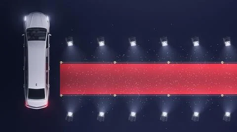 3d render red carpet with a limousine and volume light top views and confetti Stock Illustration