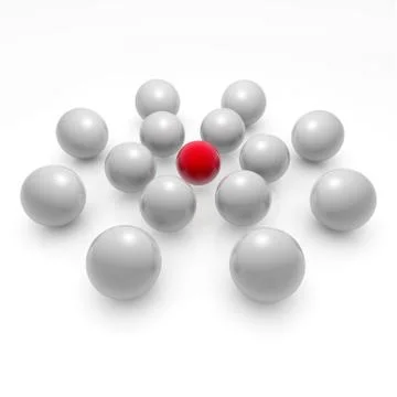 3d render of a red globe surrounded by silver globes on a white background Stock Illustration