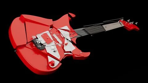 3D render red guitar broken into pieces on a black background Stock Illustration