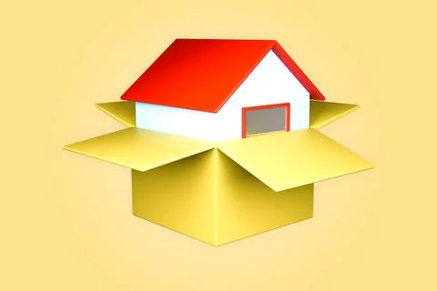 3D render: a red house popping out of a yellow cardboard box Stock Illustration