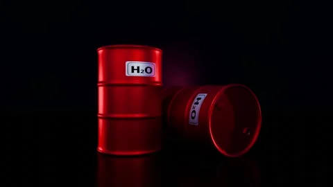 3D render of red industrial barrels with “Water” label Stock Footage 312723599