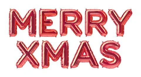 3D Render of Red inflatable foil balloons set. Merry Xmas letters for web or Stock Illustration
