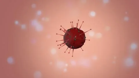 3d render red pandemic virus cell floating over light pink background. Stock Illustration