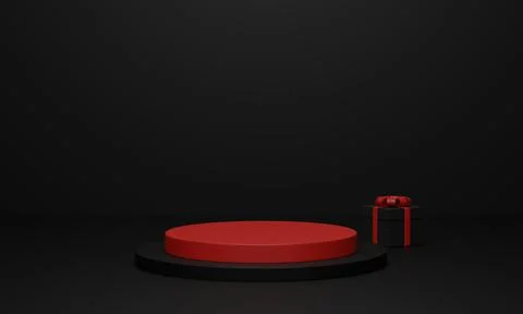 3d render. Red podium and black gift box. Minimal product background Illustrazione stock