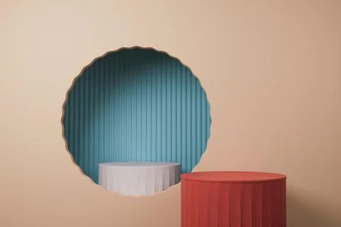 3D render Red podium on a soft beige background with a circular arch Stock Illustration