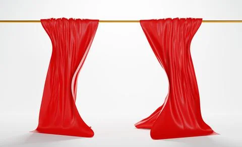 3d render, red silk window curtains, billowing velvet cloth hanging on cornice Stock Illustration