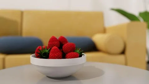 3D render of red strawberries in a white bowl on the table in a cozy living room Foto stock